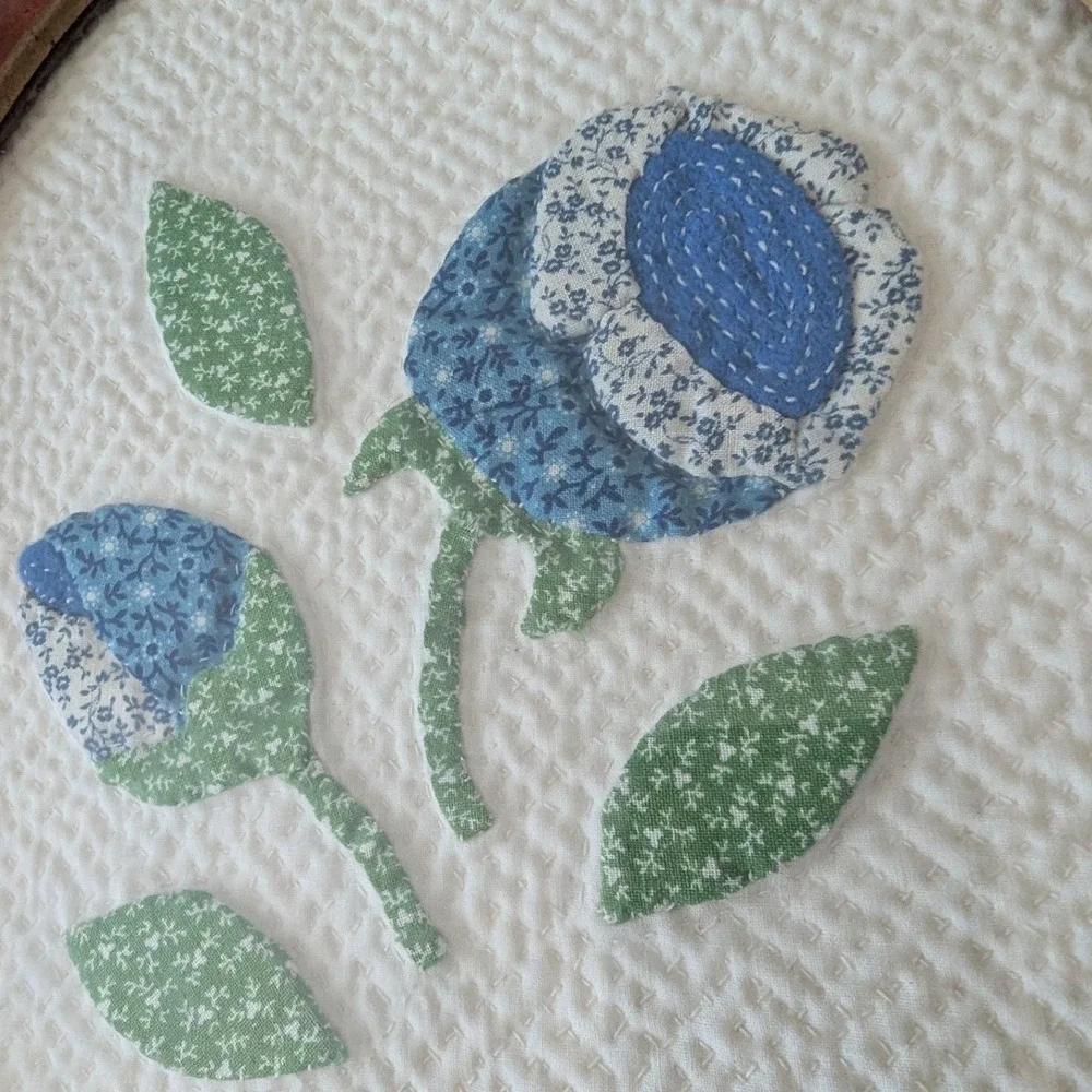 Vtg Handmade Framed Fabric Art Blue Pink Quilted Floral Cottagecore Set of 2